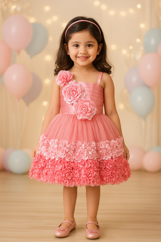 Girls Satin Flower Detailing Net Dress - Wish Karo - photo 1