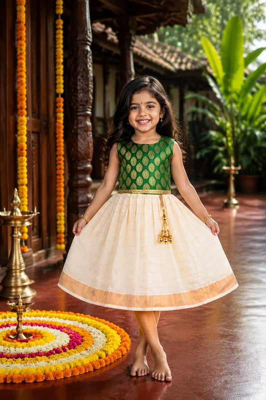Baby Girls Traditional Onam Pattu Dress with Brocade Design fe3546grn