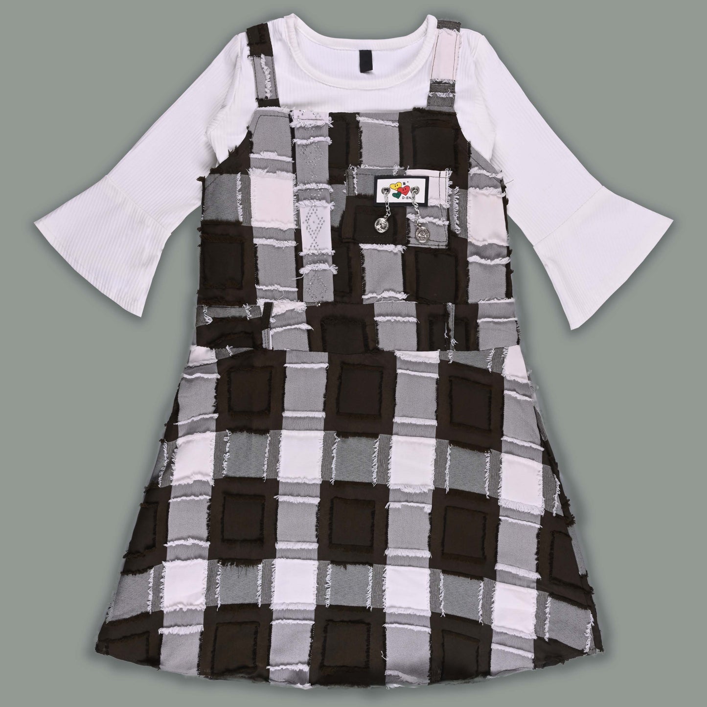 Girls Checkered Texture Flared Top with Dungaree csl1087