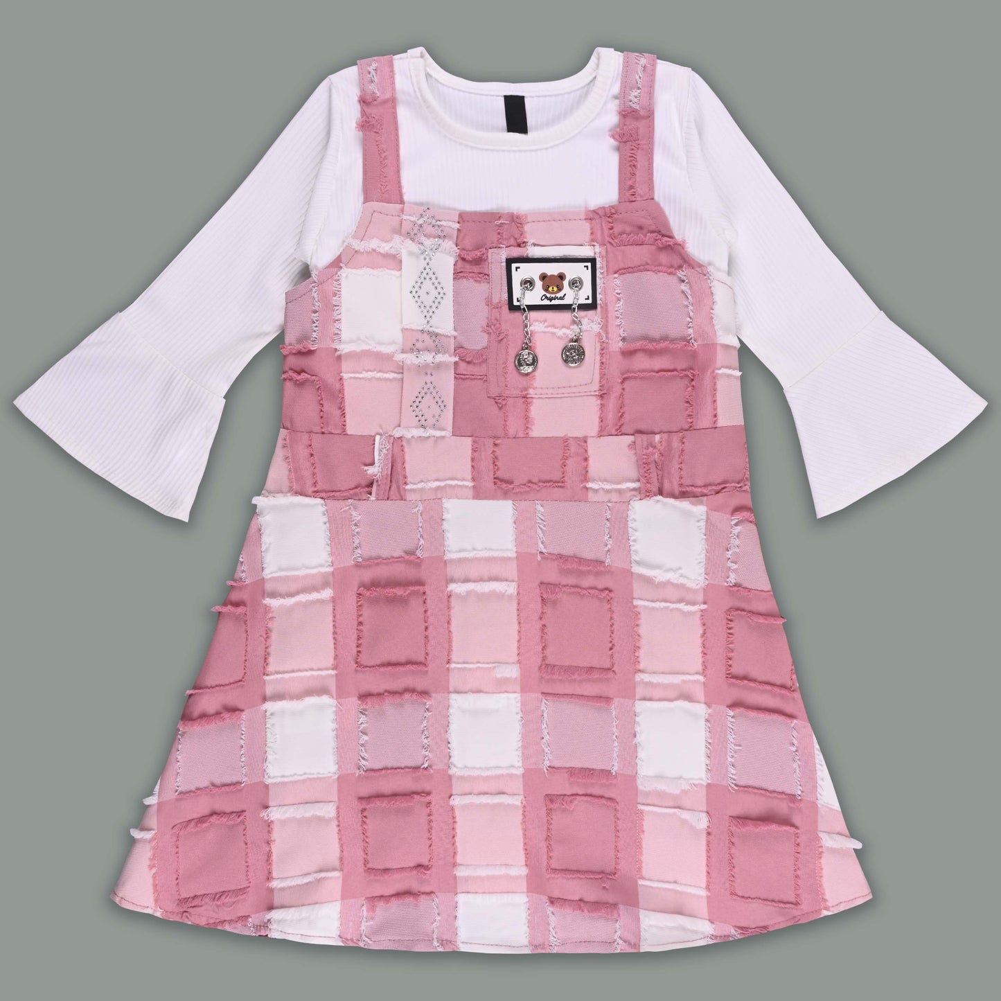 Girls Checkered Texture Flared Top with Dungaree csl1087