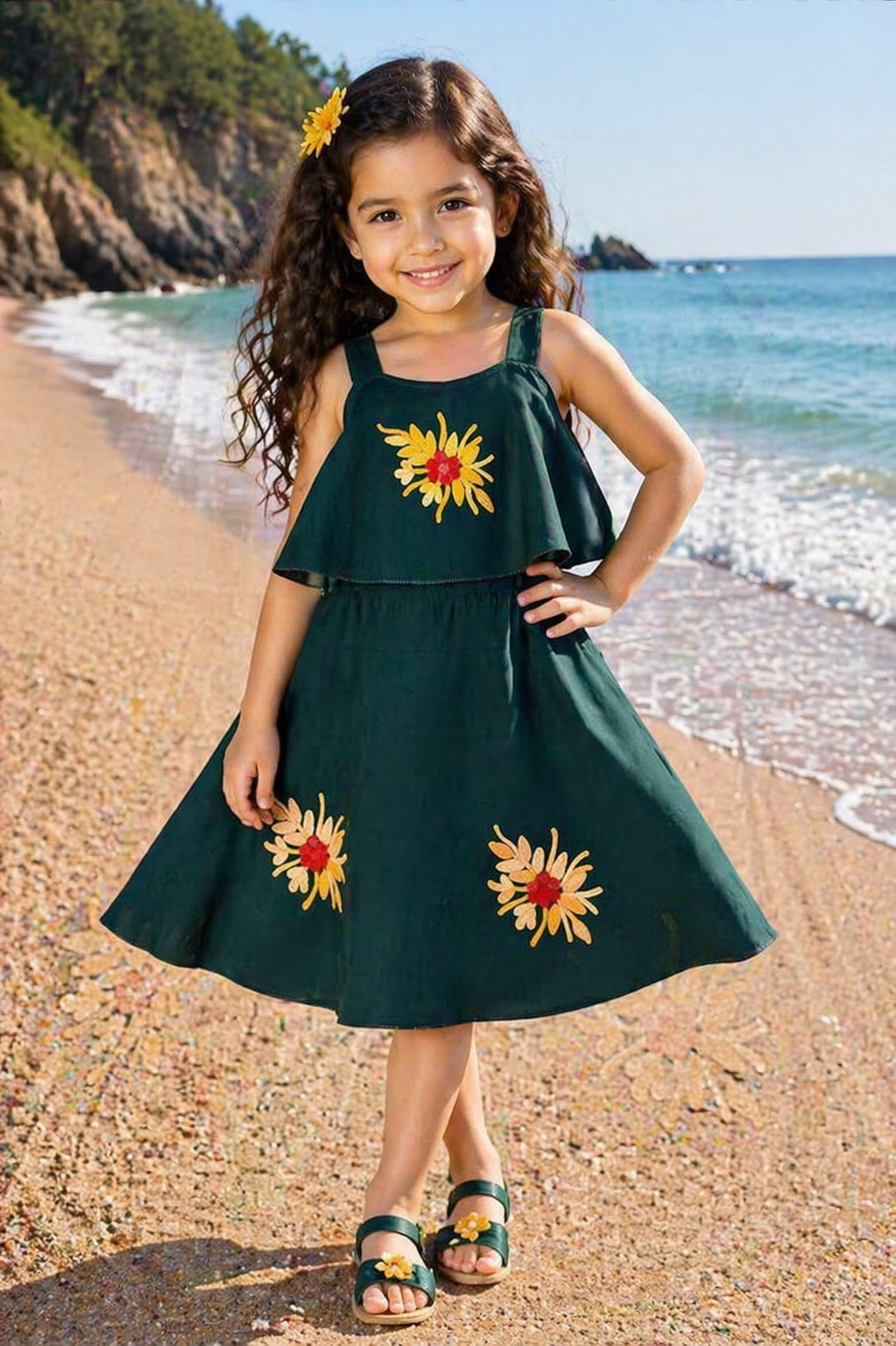 Girls Embroidered A-line Strap Neck dress