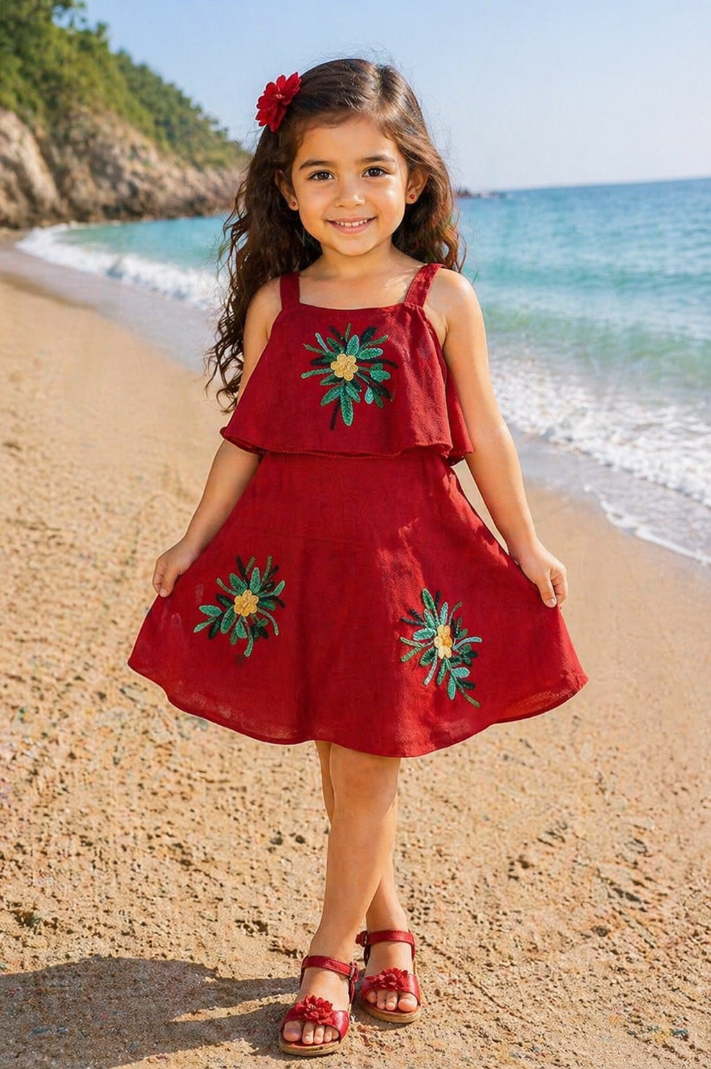 Girls Embroidered A-line Strap Neck dress