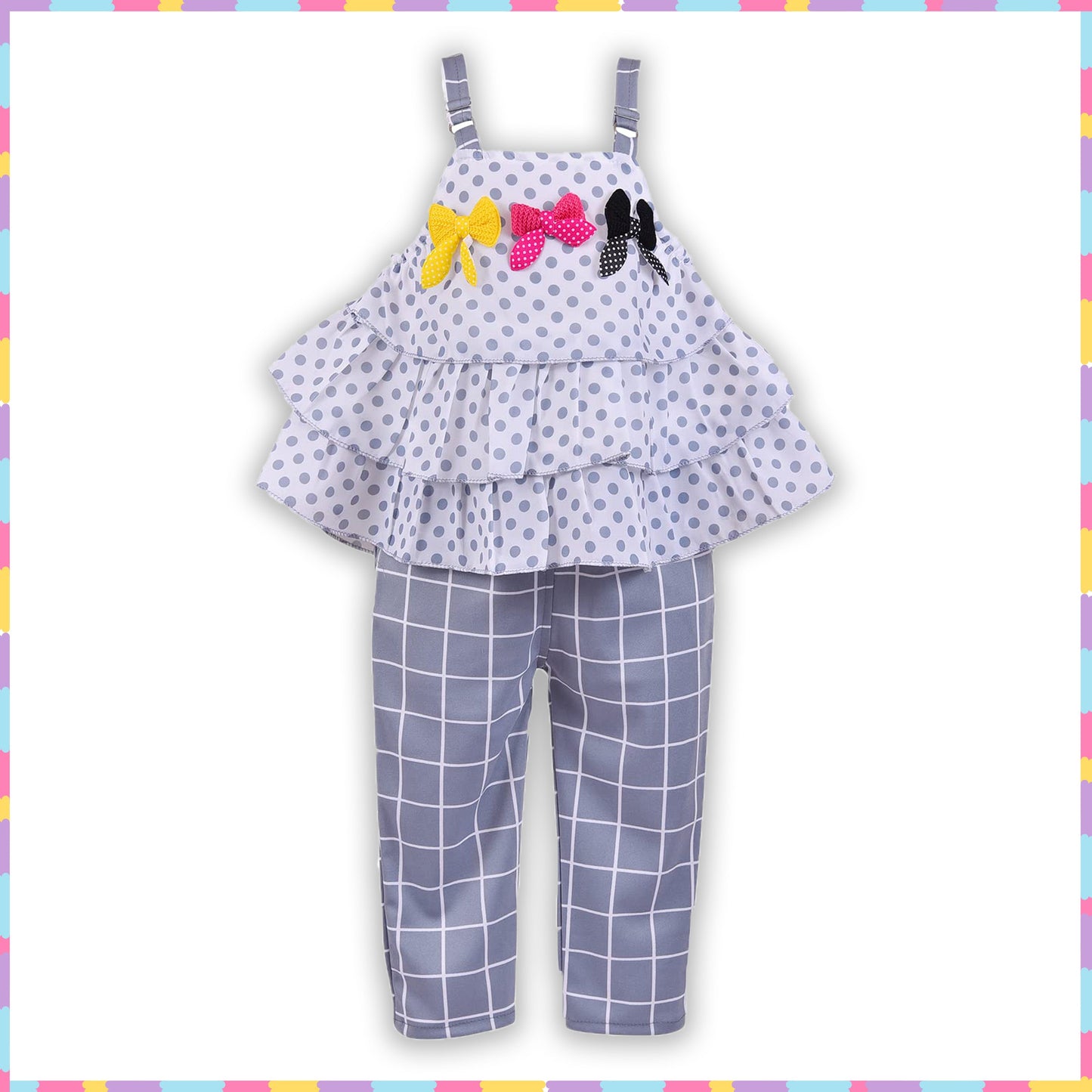 Girls Polka Dot Layered Top and Checkered Pants Set