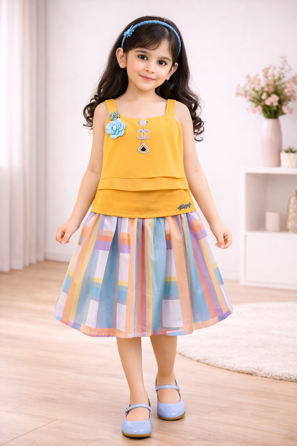 Wish Karo Baby Girls Yellow Layered Top & Striped Skirt Set - Wish Karo