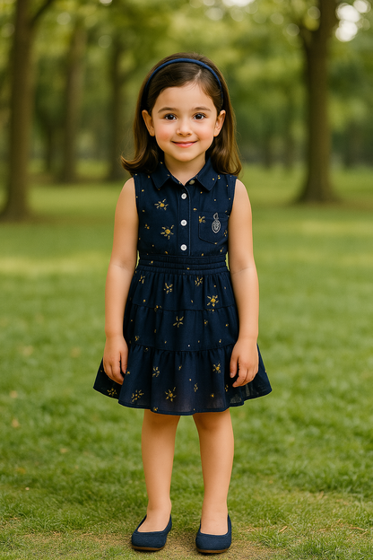 Girls Floral Printed Button Up Collar Summer Casual Dress