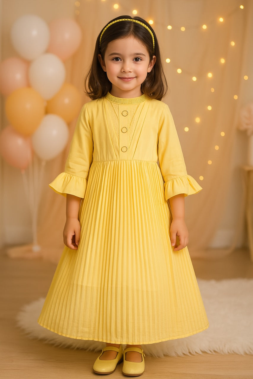 Girls Solid Bell Sleeve Fit and Flare Frock Dress