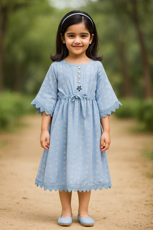 Girls Floral Print Kimono Sleeve Fit and Flare Frock Dress - Wish Karo - photo 1