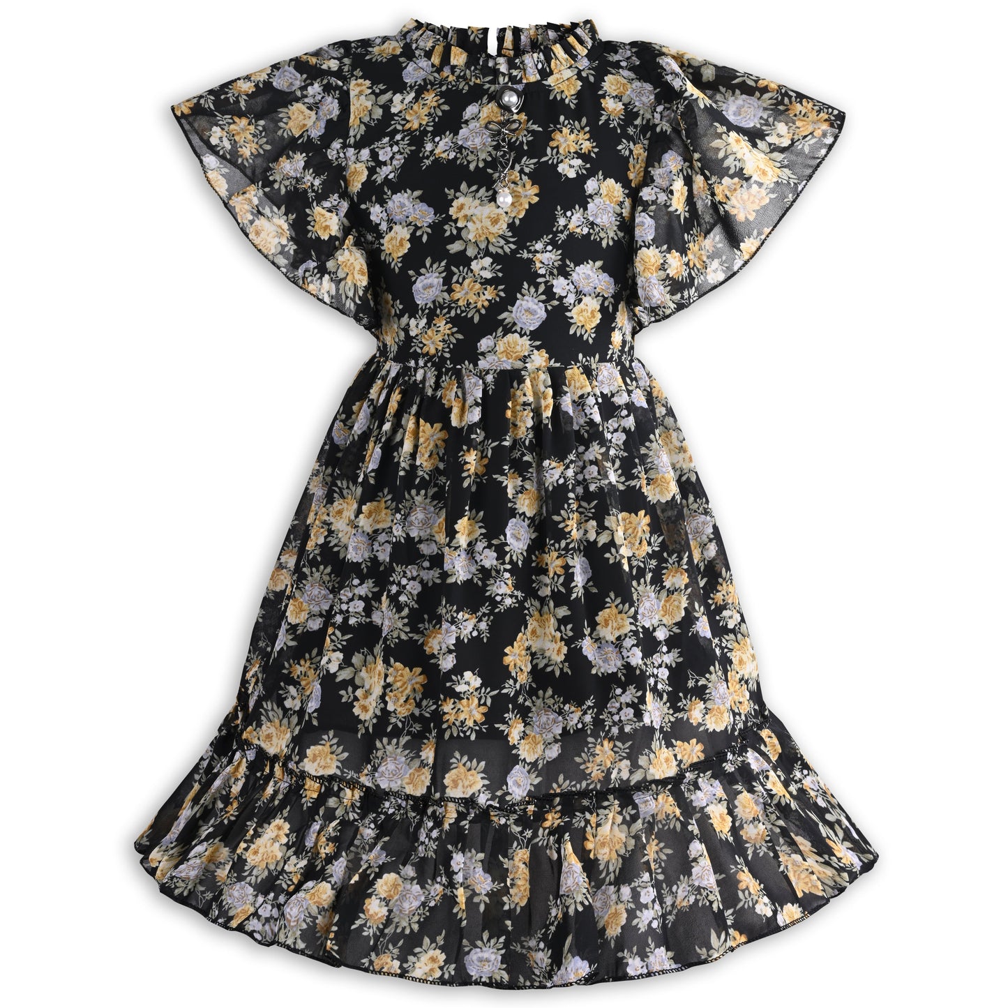 Girls Floral Print Georgette Casual Dress with Flared Sleeves