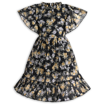 Girls Floral Print Georgette Casual Dress with Flared Sleeves
