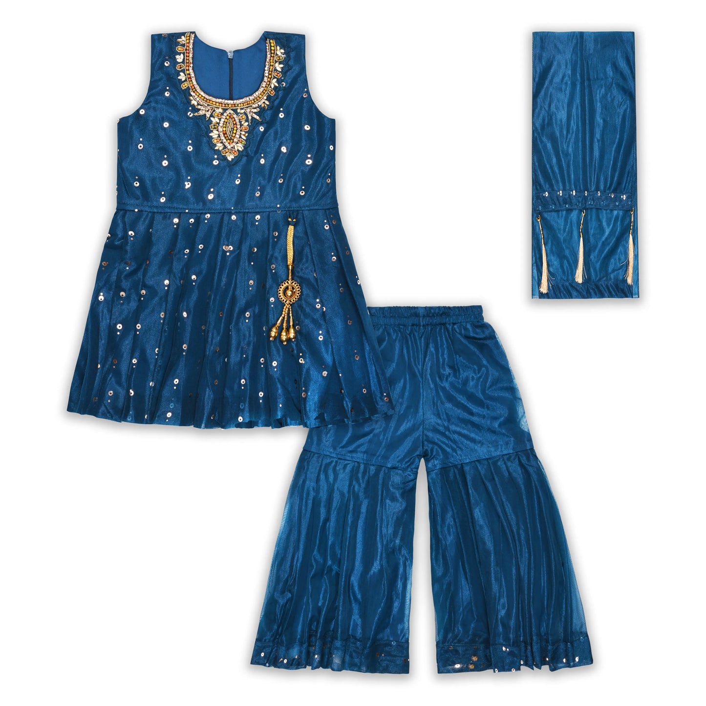 Elegant Satin Ethnic Kurti Set with Sharara & Dupatta