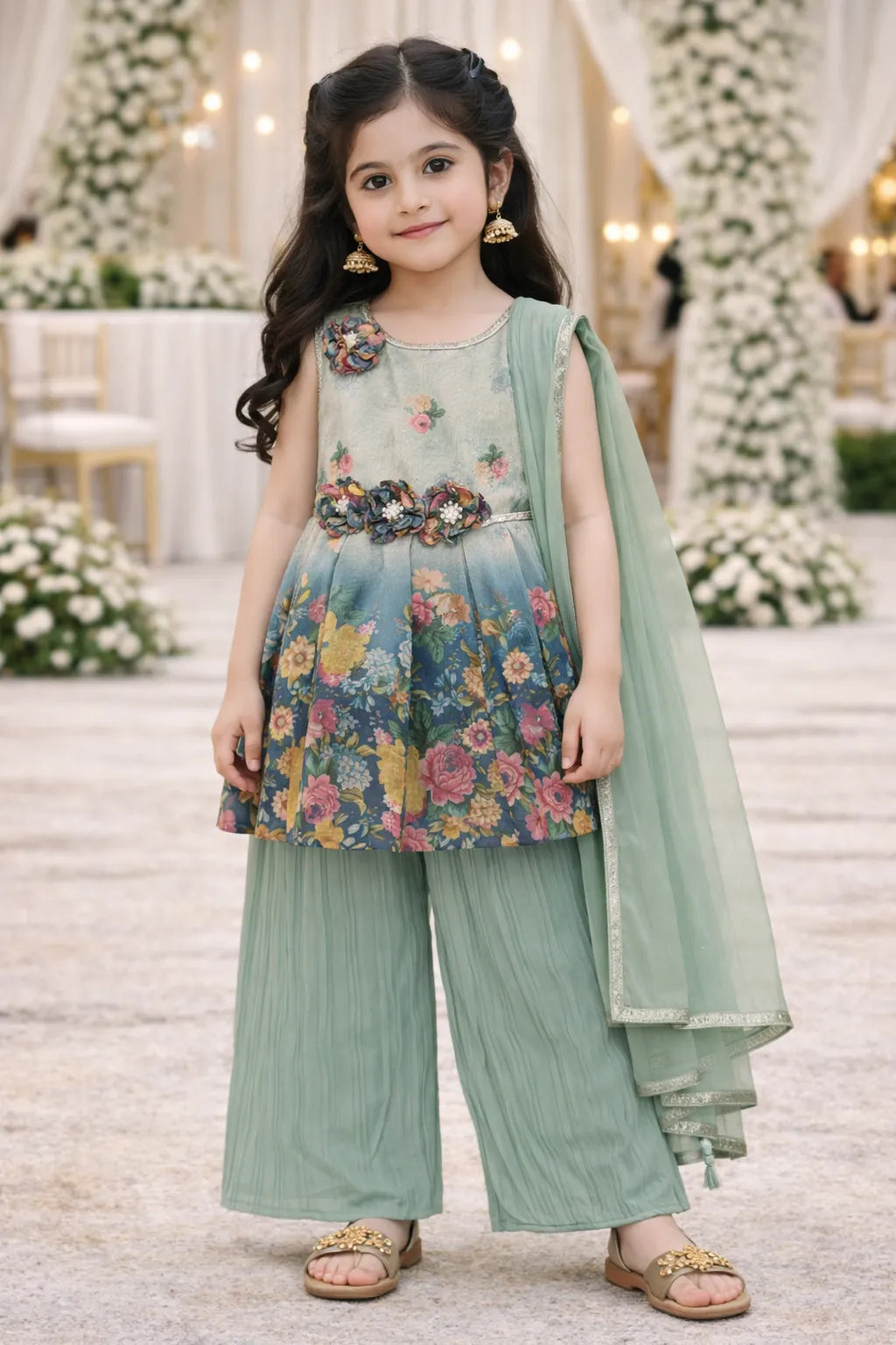 Elegant Georgette Floral Kurti Set with Palazzo & Dupatta