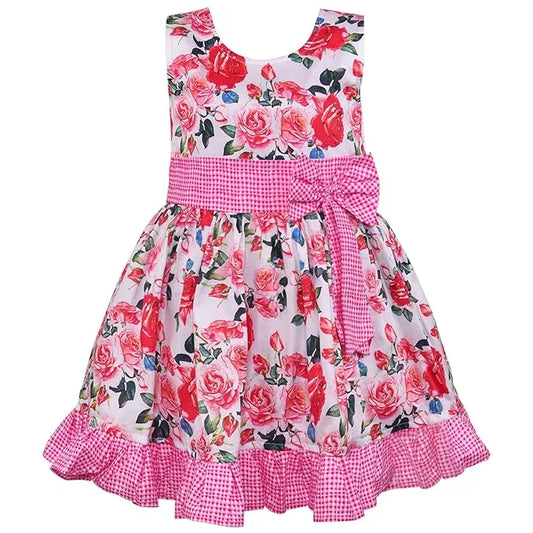 Girls Floral Printed Cotton Frock with Bow Belt
