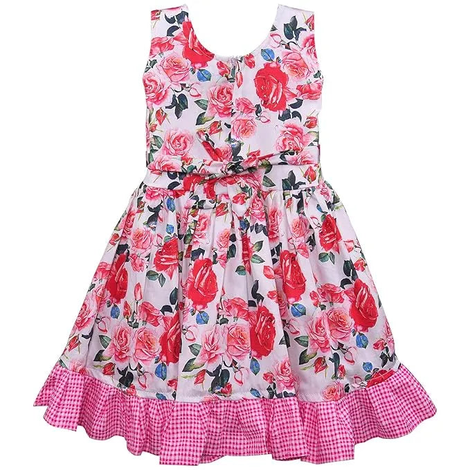 Girls Floral Printed Cotton Frock with Bow Belt