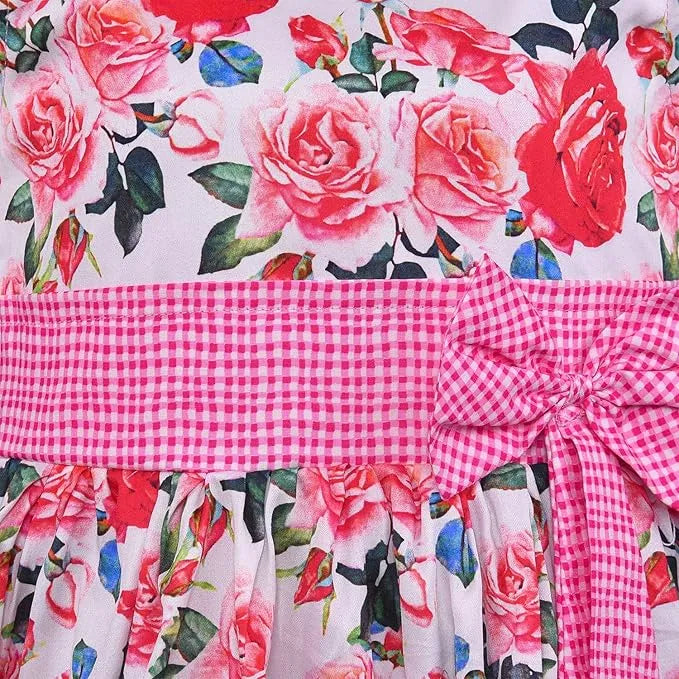 Girls Floral Printed Cotton Frock with Bow Belt