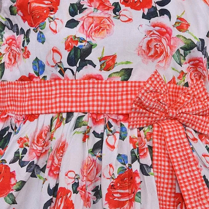 Girls Floral Printed Cotton Frock with Bow Belt