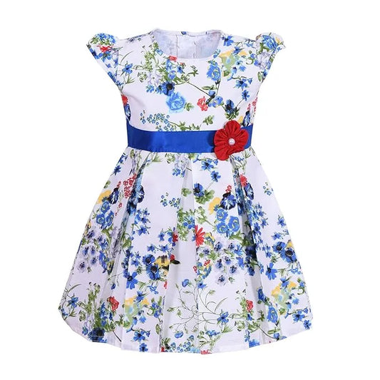 Girls Floral Printed Cotton Frock with Waist Belt