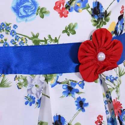 Girls Floral Printed Cotton Frock with Waist Belt