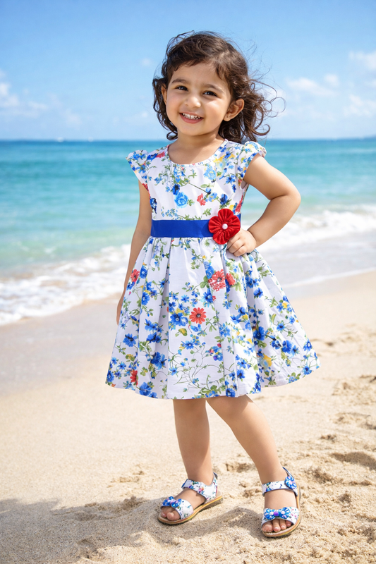 Girls Floral Printed Cotton Frock with Waist Belt