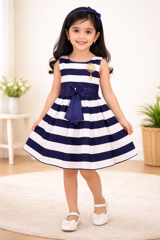 Girls Cotton Sleeveless Striped Party Wear Frock with Bow & Brooch Detail - Wish Karo