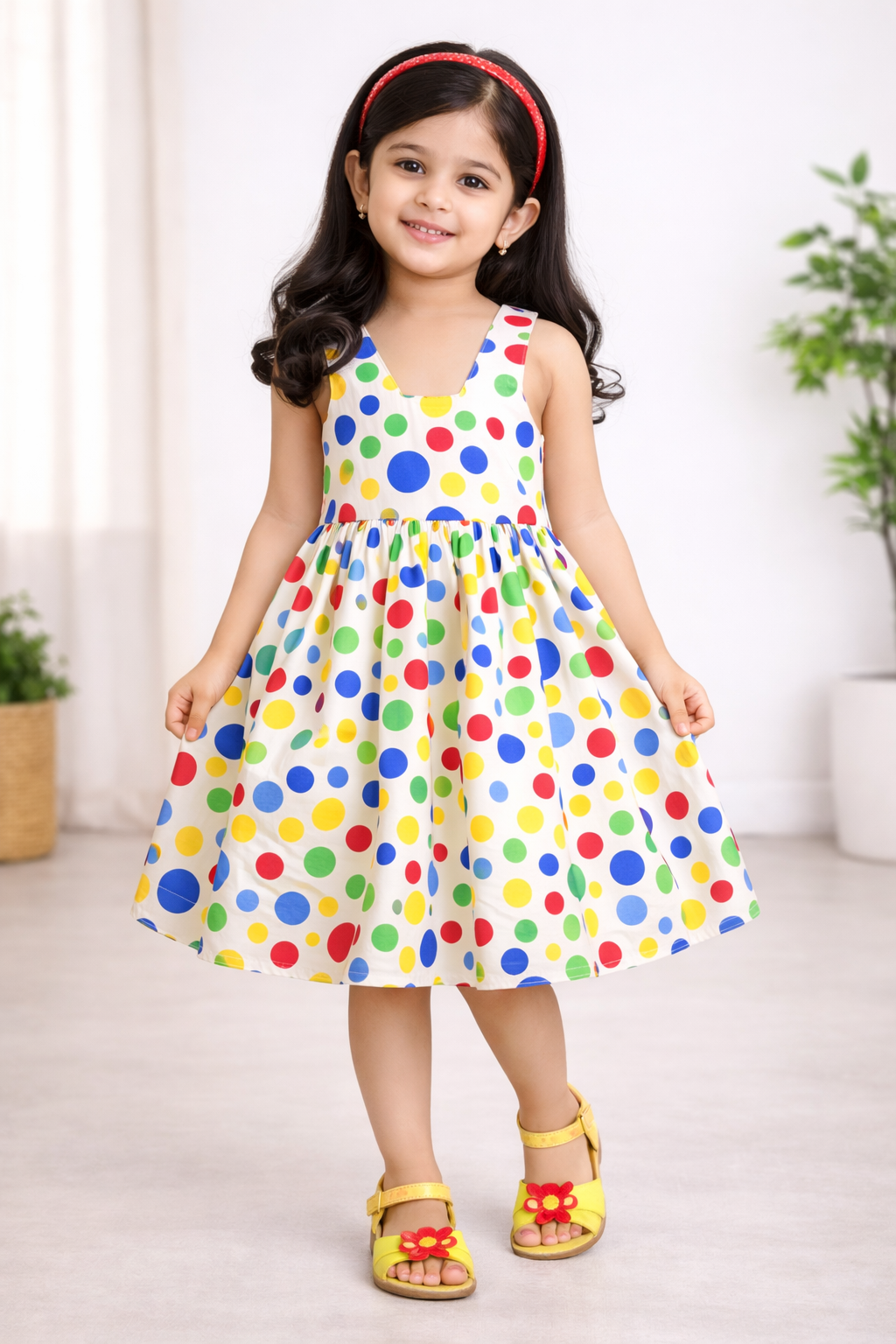 Girls Cotton Sleeveless Polka Dot Party Wear Frock