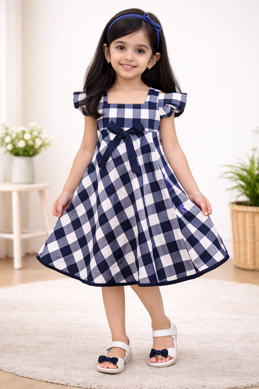 Girls Cotton Checked Party Wear Frock with Bow Detail - Wish Karo