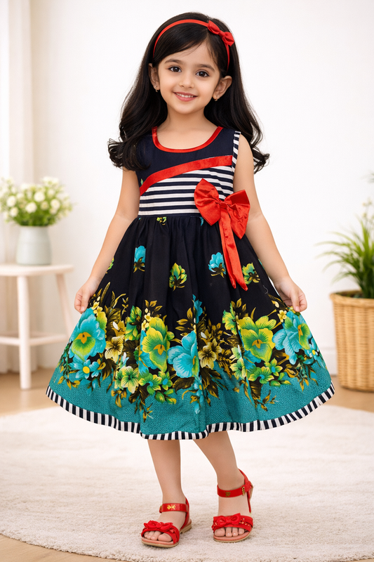 Girls Cotton Floral Party Wear Frock with Stripes & Bow Detail - Wish Karo