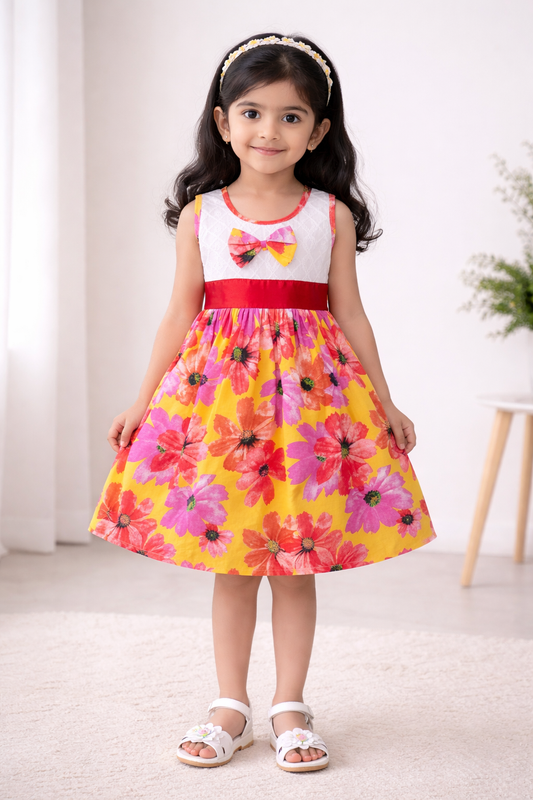 Girls Cotton Floral Party Wear Frock with Bow & Waist Belt - Wish Karo