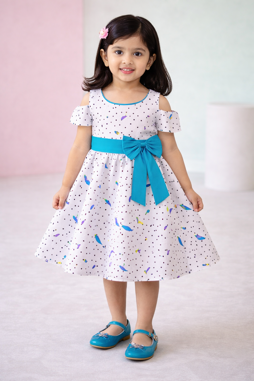 Girls Cotton Polka Dot Printed Frock with Bow Waist Belt