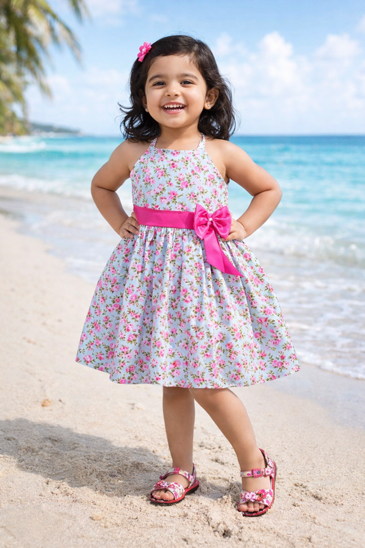 Girls Floral Printed Cotton Halter Neck Frock with Bow Belt - Wish Karo