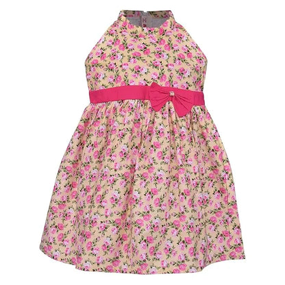Girls Floral Printed Cotton Halter Neck Frock with Bow Belt