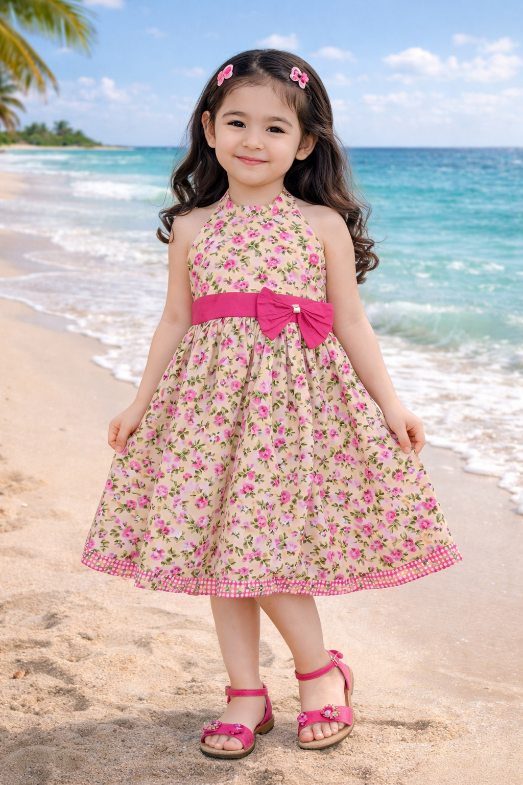 Girls Floral Printed Cotton Halter Neck Frock with Bow Belt