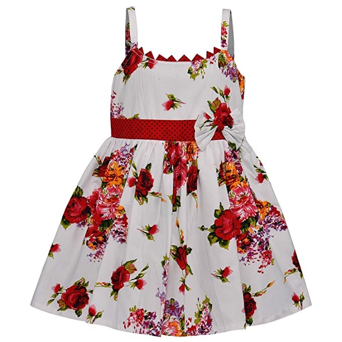 Girls White Floral Print Sleeveless Party Dress with Red Waist Bow - Wish Karo