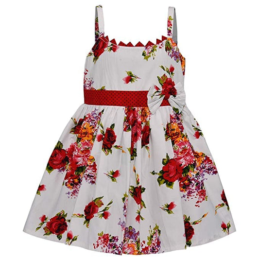Girls White Floral Print Sleeveless Party Dress with Red Waist Bow - Wish Karo