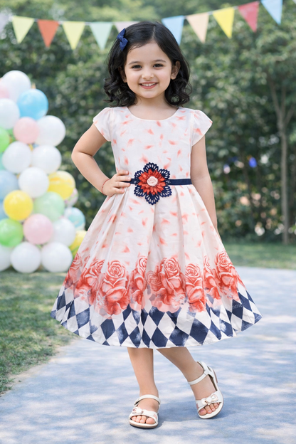 Girls Floral Printed Cotton Cap Sleeve Dress with Decorative Flower Detail