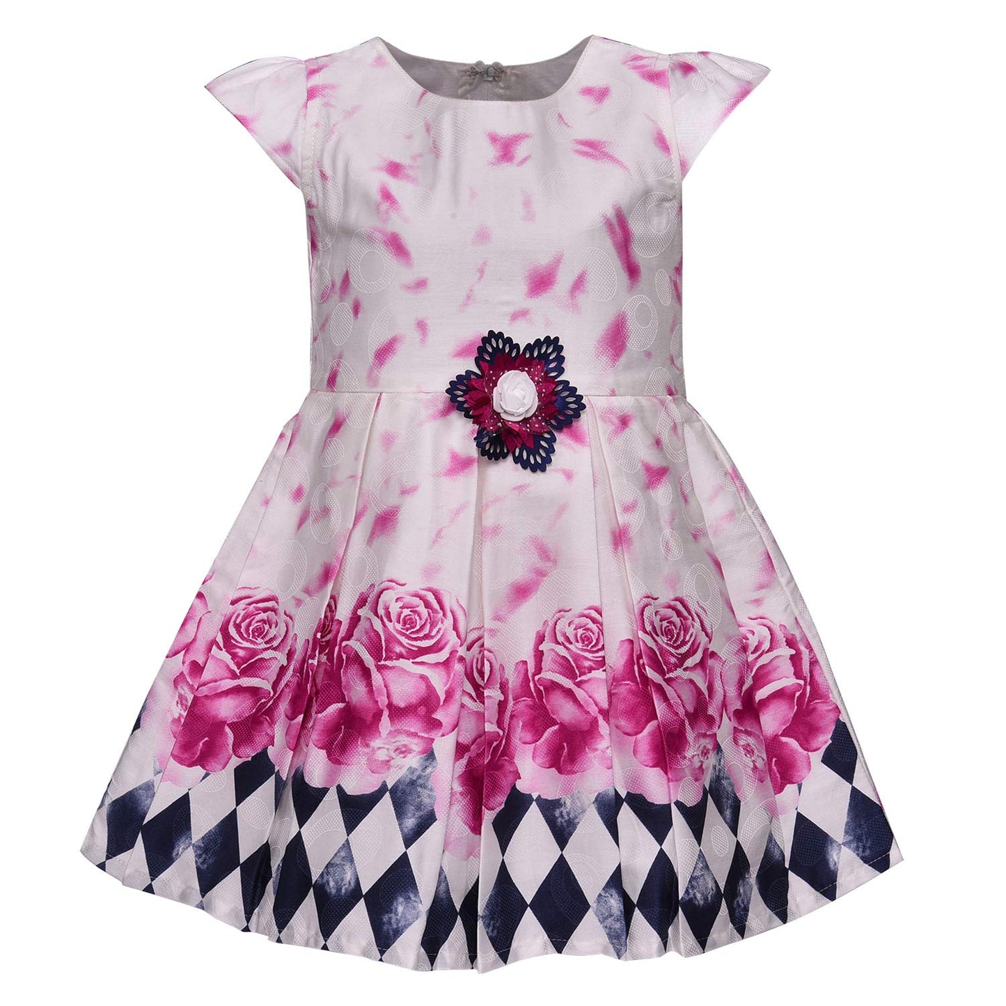 Girls Floral Printed Cotton Cap Sleeve Dress with Decorative Flower Detail