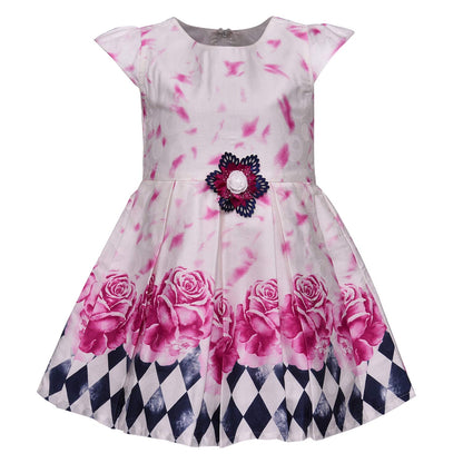 Girls Floral Printed Cotton Cap Sleeve Dress with Decorative Flower Detail