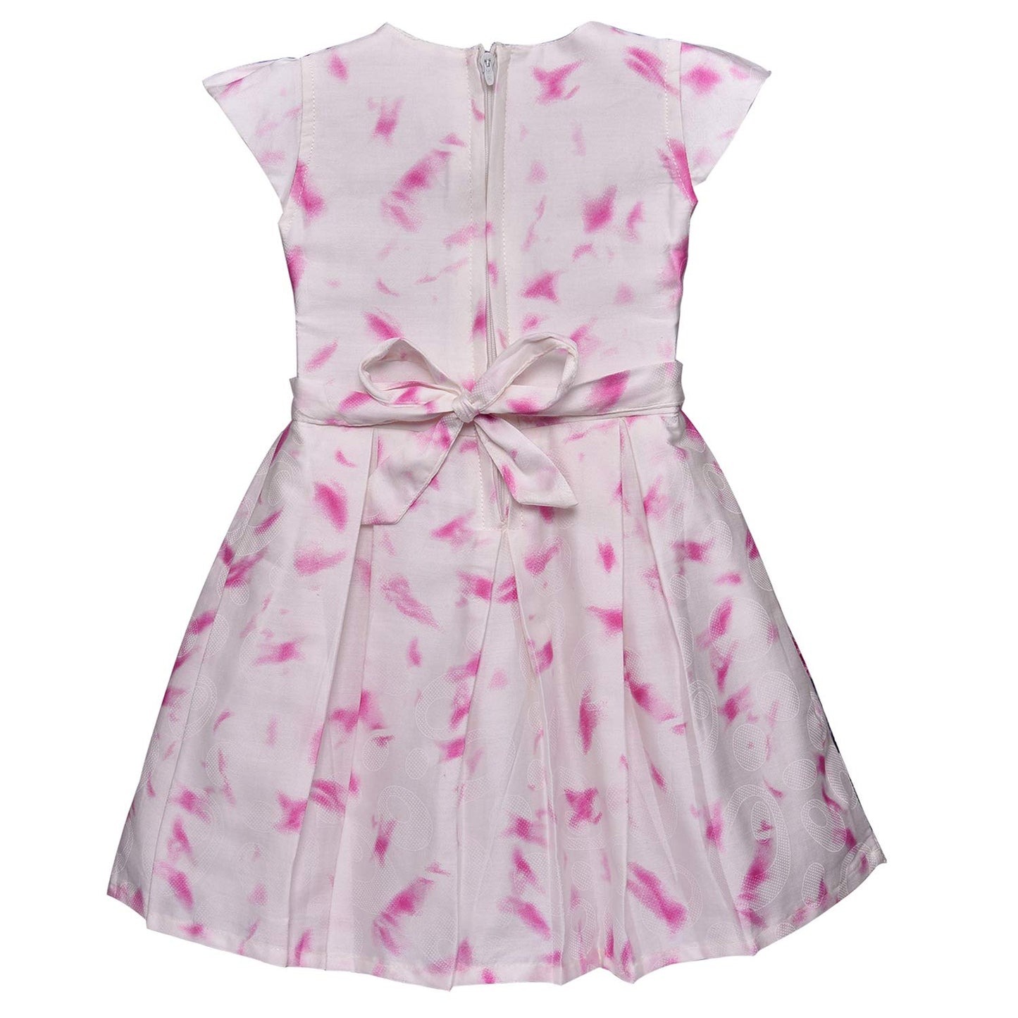 Girls Floral Printed Cotton Cap Sleeve Dress with Decorative Flower Detail