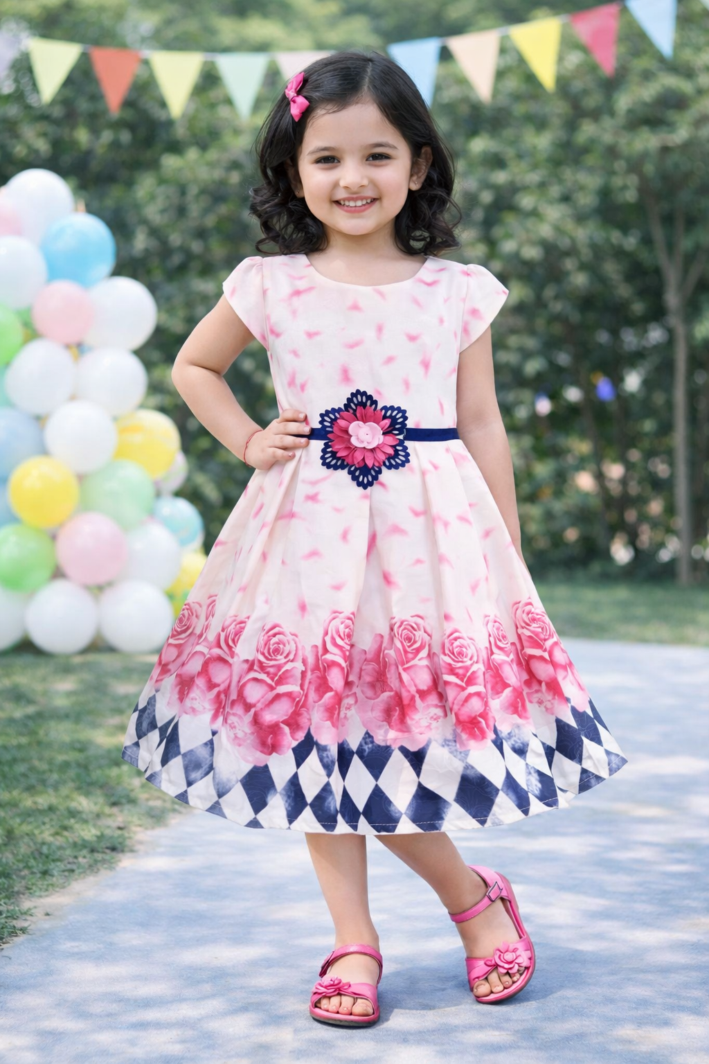 Girls Floral Printed Cotton Cap Sleeve Dress with Decorative Flower Detail