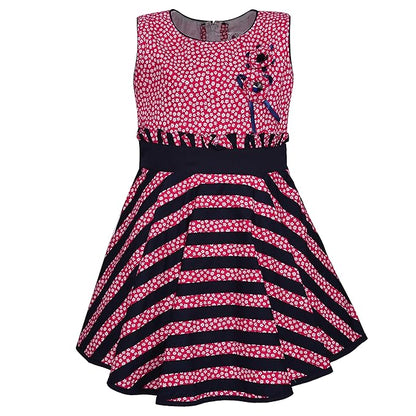 Girls Floral Printed Cotton Sleeveless Dress with Navy Striped Flared Skirt ctn312