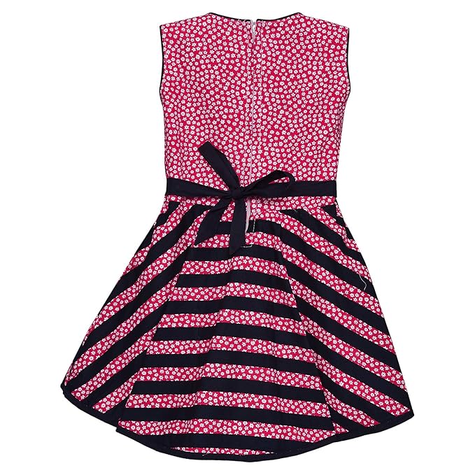 Girls Floral Printed Cotton Sleeveless Dress with Navy Striped Flared Skirt ctn312