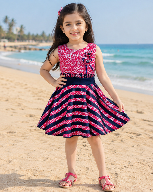 Girls Floral Printed Cotton Sleeveless Dress with Navy Striped Flared Skirt ctn312
