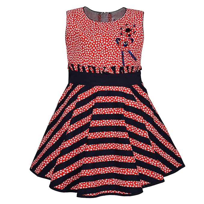 Girls Floral Printed Cotton Sleeveless Dress with Navy Striped Flared Skirt ctn312