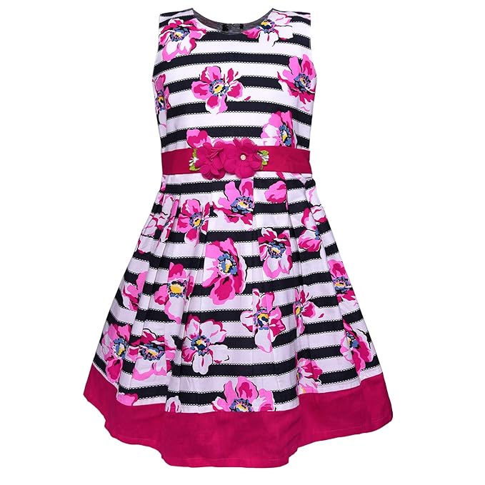 Girls Striped Floral Printed Cotton Dress with Waist Flower Belt ctn313