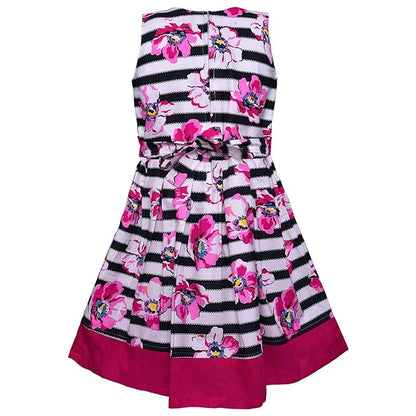 Girls Striped Floral Printed Cotton Dress with Waist Flower Belt ctn313