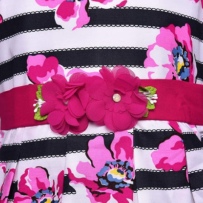 Girls Striped Floral Printed Cotton Dress with Waist Flower Belt ctn313