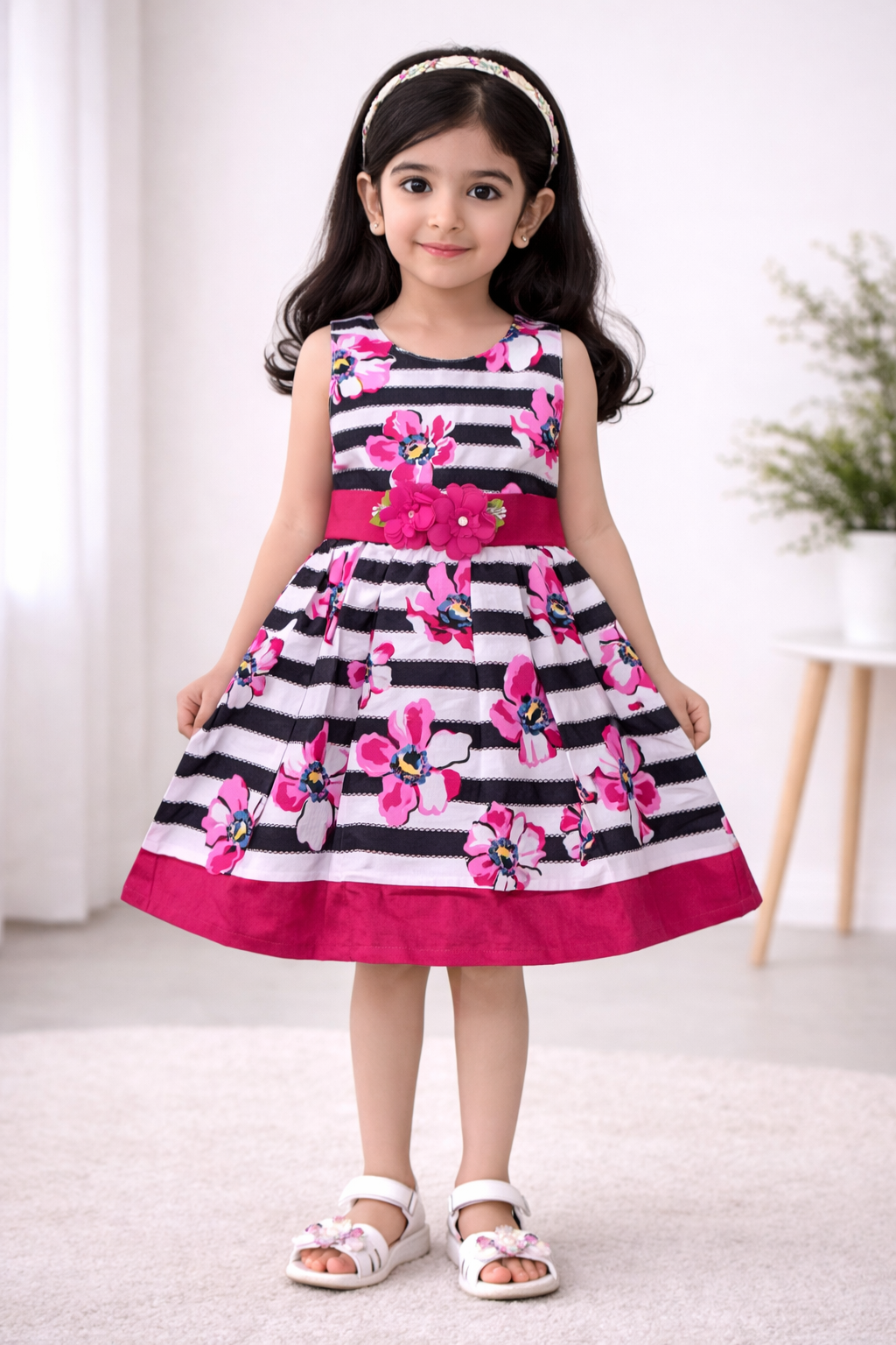 Girls Striped Floral Printed Cotton Dress with Waist Flower Belt ctn313