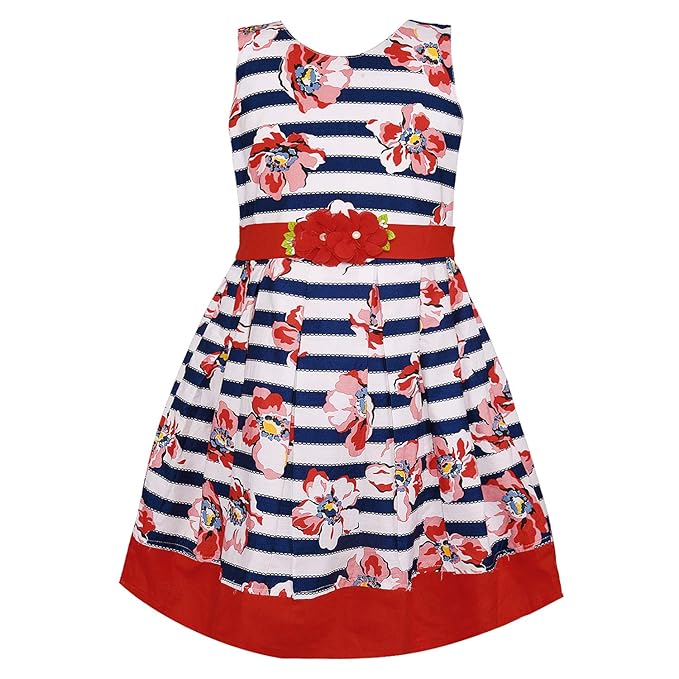 Girls Striped Floral Printed Cotton Dress with Waist Flower Belt ctn313