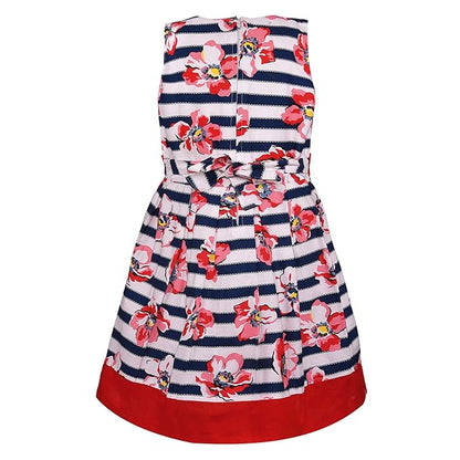 Girls Striped Floral Printed Cotton Dress with Waist Flower Belt ctn313
