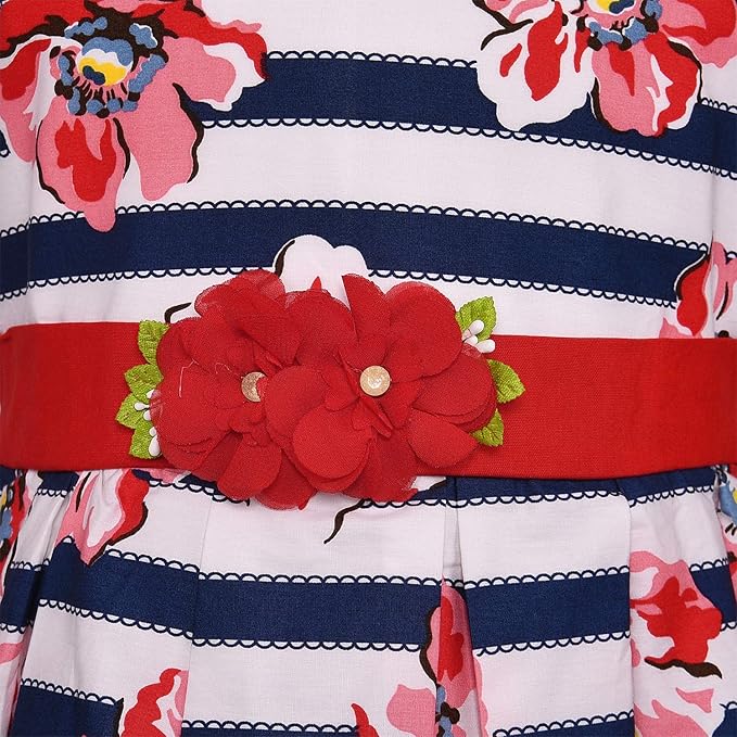 Girls Striped Floral Printed Cotton Dress with Waist Flower Belt ctn313