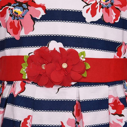 Girls Striped Floral Printed Cotton Dress with Waist Flower Belt ctn313